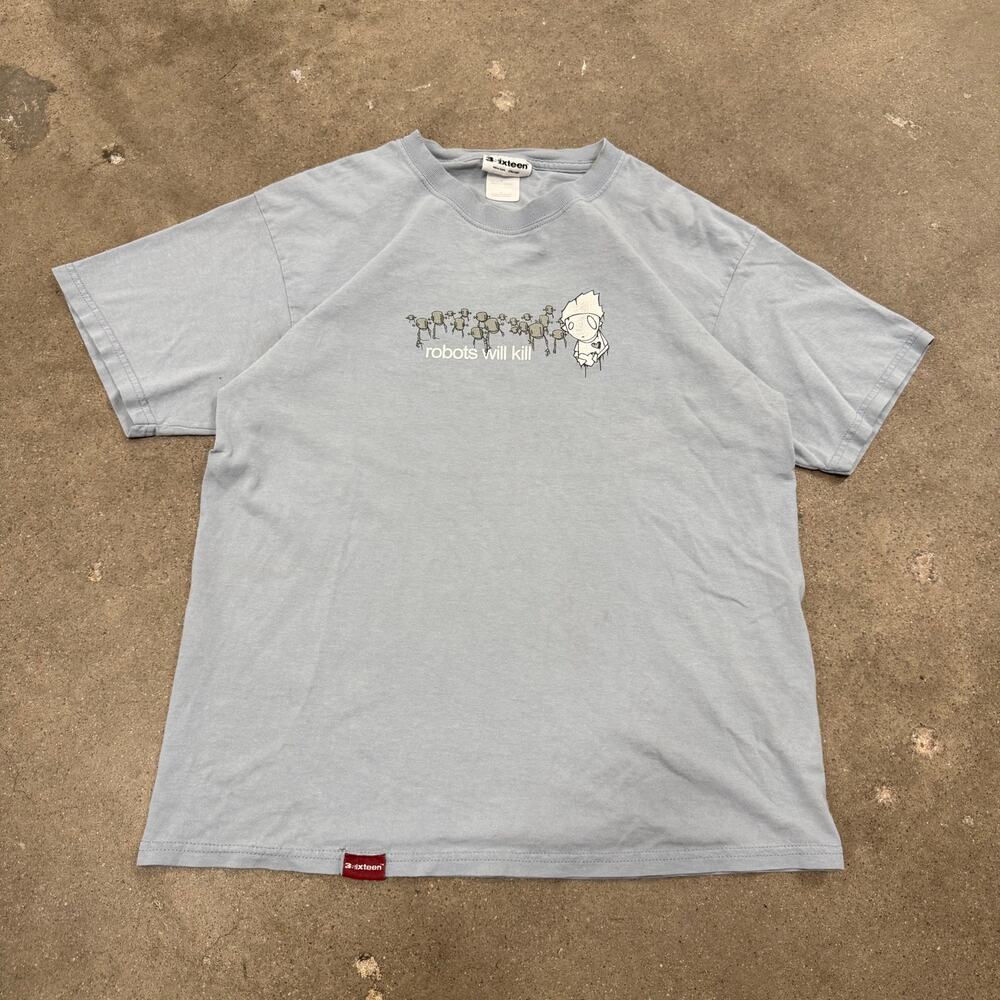Vintage Y2K 3Sixteen Robots Will Kill Graphic Cartoon T Shirt Blue Large